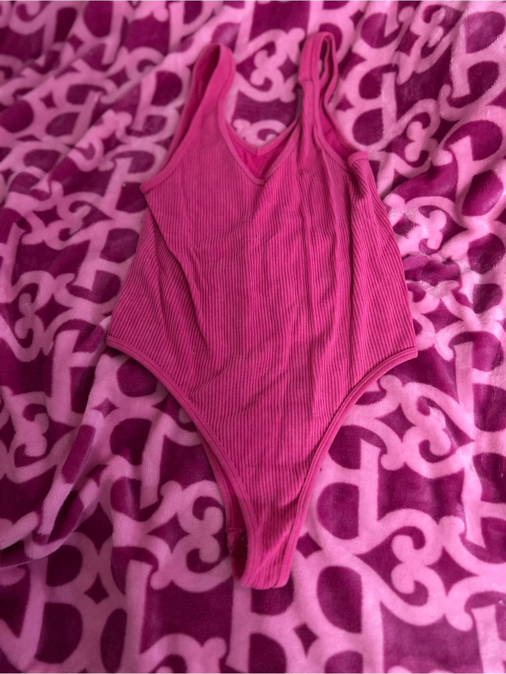 Ribbed V-Neck Bodysuit in Fuchsia Pink